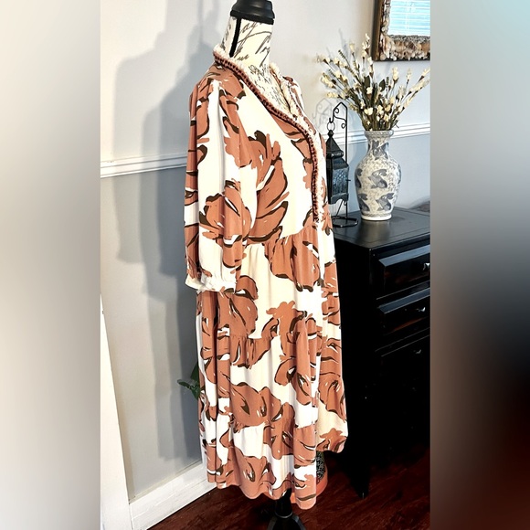 Cream & Terracotta Palm Pattern Tiered Sundress Bishop Sleeves Large GUC Flawed - Picture 7 of 16